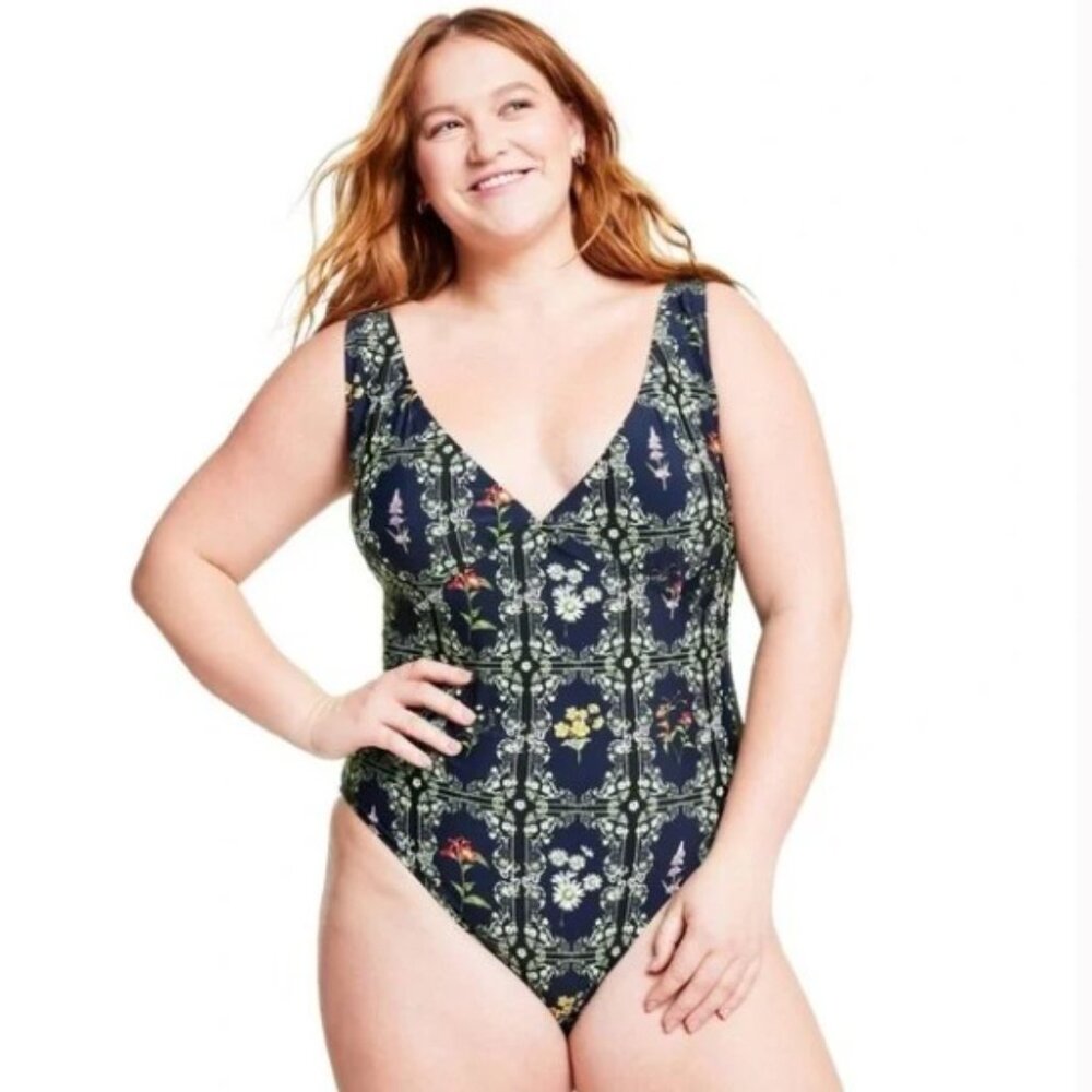 NWT Agua Bendita Navy Dainty Floral Tile Print Cheeky One Piece Swimsuit